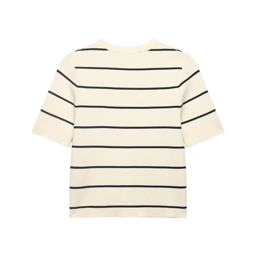 Women Striped Short Sleeved Knitted Jacket Mini Skirt Stes