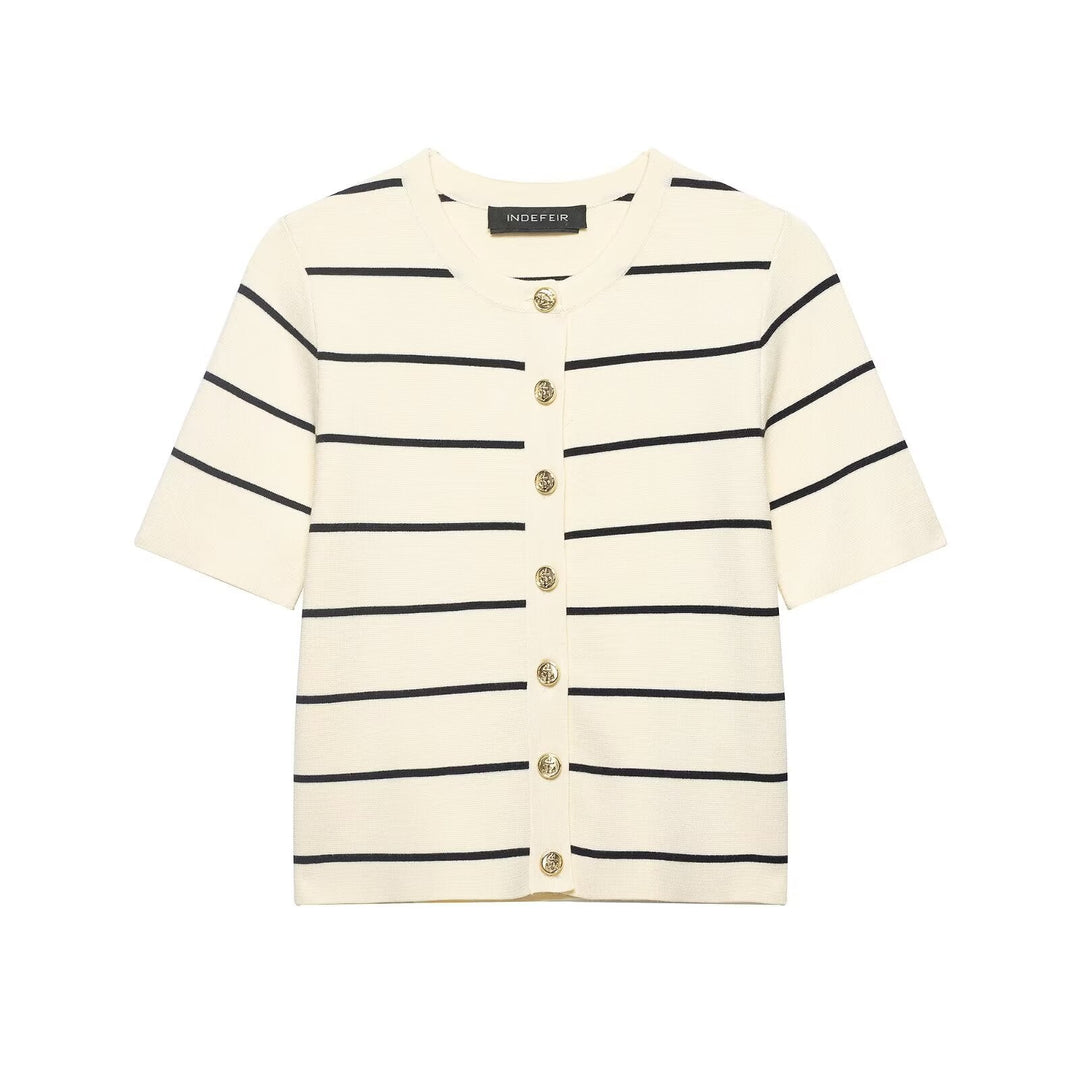 Women Striped Short Sleeved Knitted Jacket Mini Skirt Stes