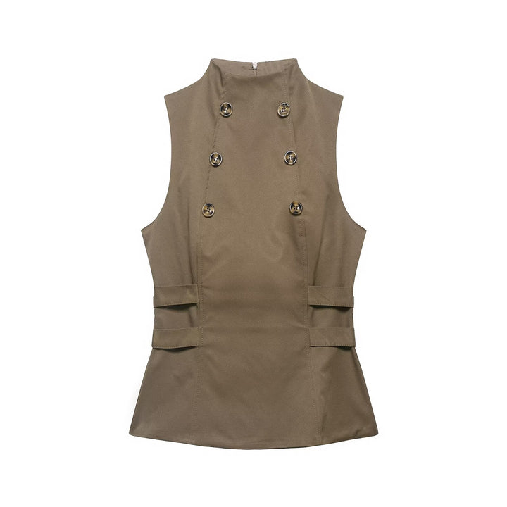Women Clothing Summer Button Turtleneck Sleeveless Top