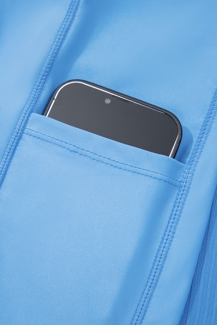 Dusk Blue Color Block Edge Ribbed Pocketed Lined Swim Dress