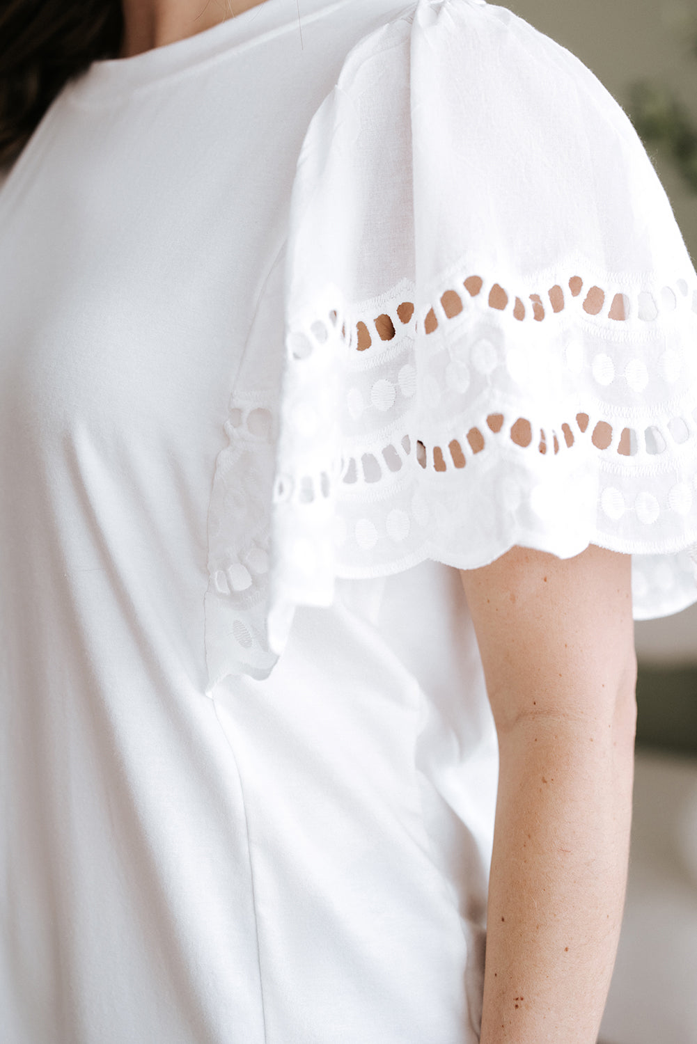White Hollow Out Embroidered Short Sleeve O Neck Top
