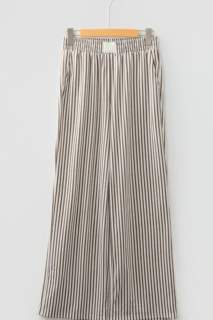 Stripe Elastic High Waist Pocketed Loose Pants