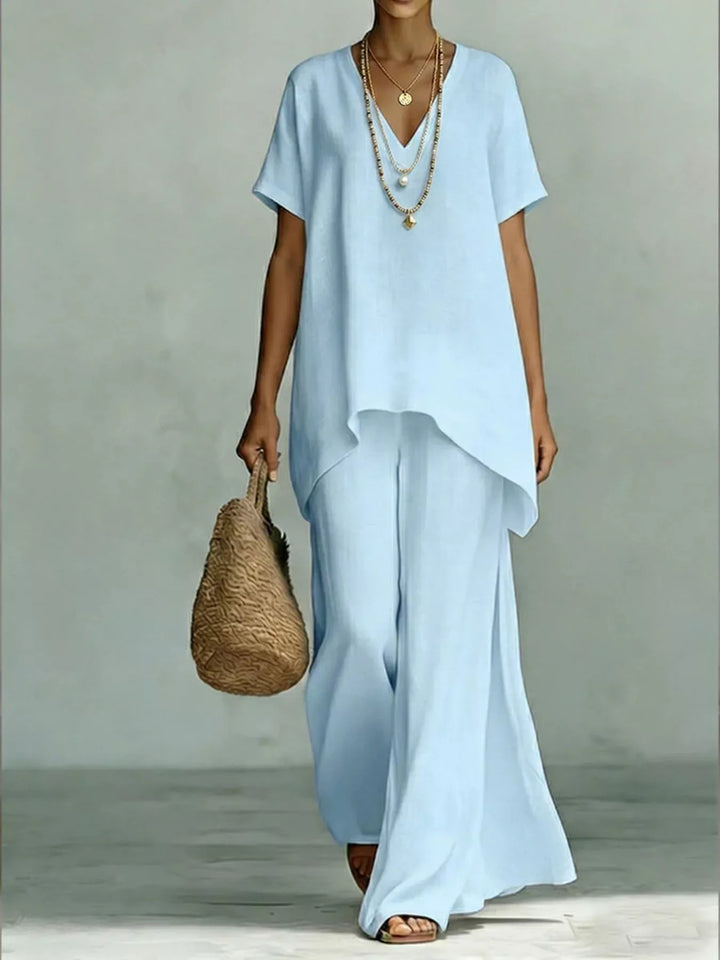 Full Size V-Neck Top and Wide-Leg Pants Set Plus Size