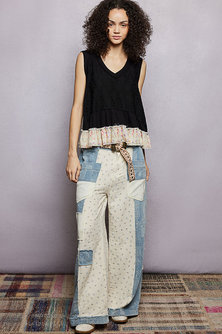 POL Floral Print V-Neck Textured Tank