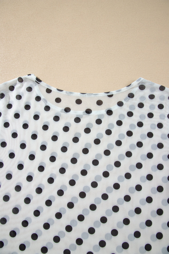 Black Polka Dot Sheer Mesh Long Sleeve Round Neck Shift Top
