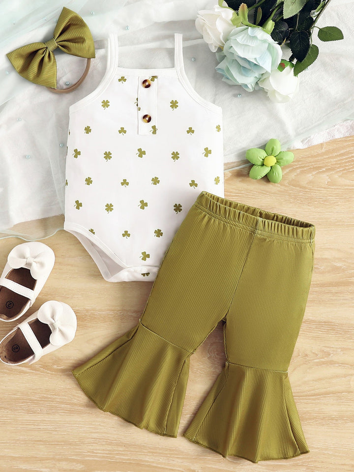 Children's Printed Bodysuit & Flare Leg Pants & Headband 3-Piece Set