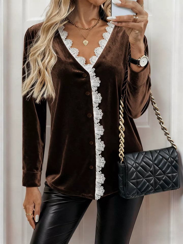 Lace Trim V-Neck Velvet Blouse