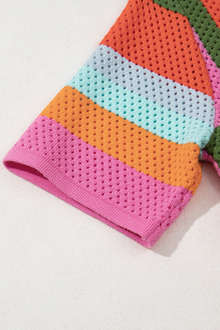 Orange Color Block Eyelet Casual Sweater T Shirt