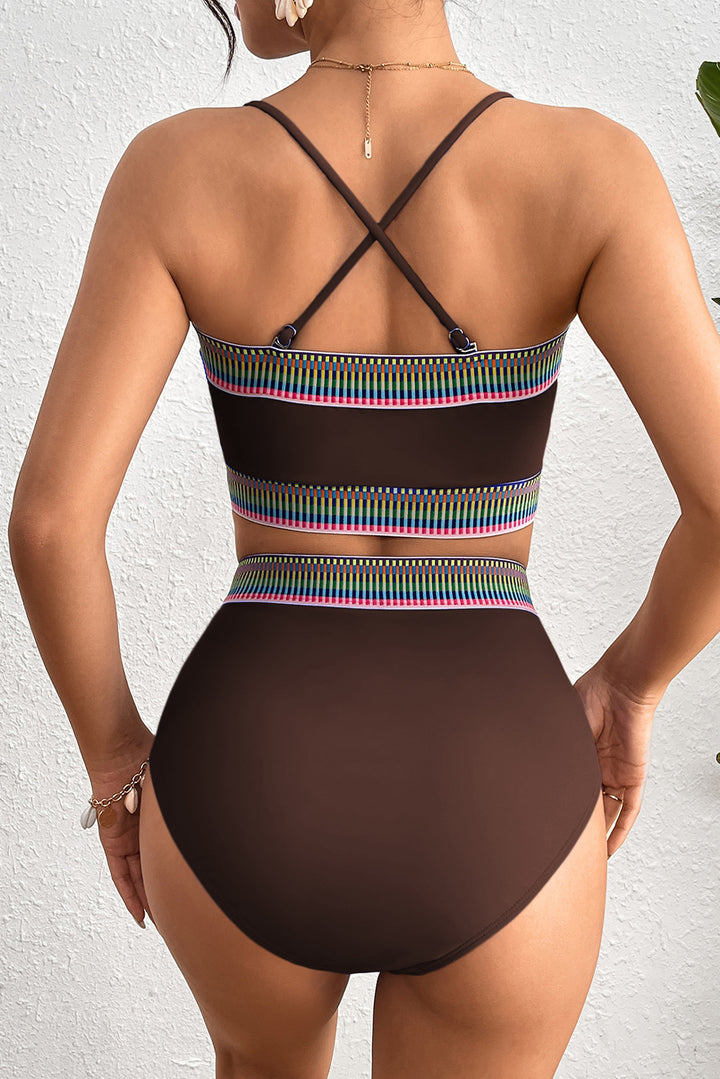 Coffee Contrast Banding Tube Bikini High Waist 2pcs Swimsuit