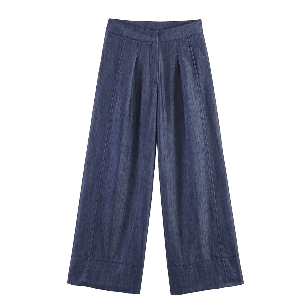 Summer Women Clothes Casual Sleeveless Stand Collar Rivet Buckle Top Wide Leg Trousers