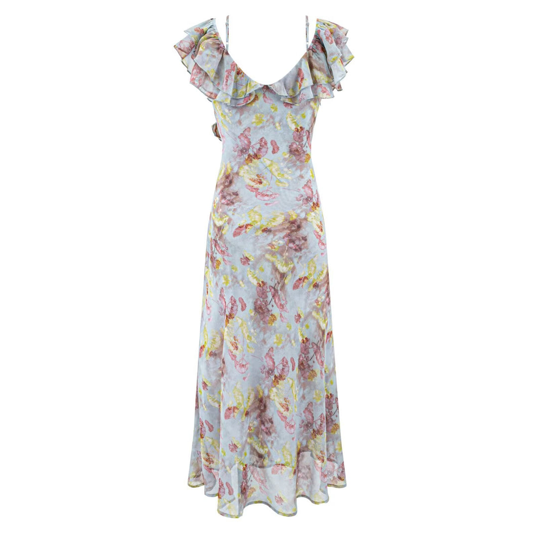 Romantic Floral Short Sleeved Dress Women Summer Tight Waist Beautiful Whitening Gentle Ruffled Collar Oblique Cut Maxi Dress