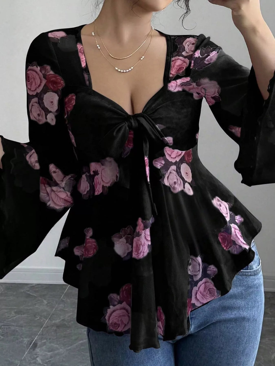 Floral Print Tie Front Flare Sleeve Blouse