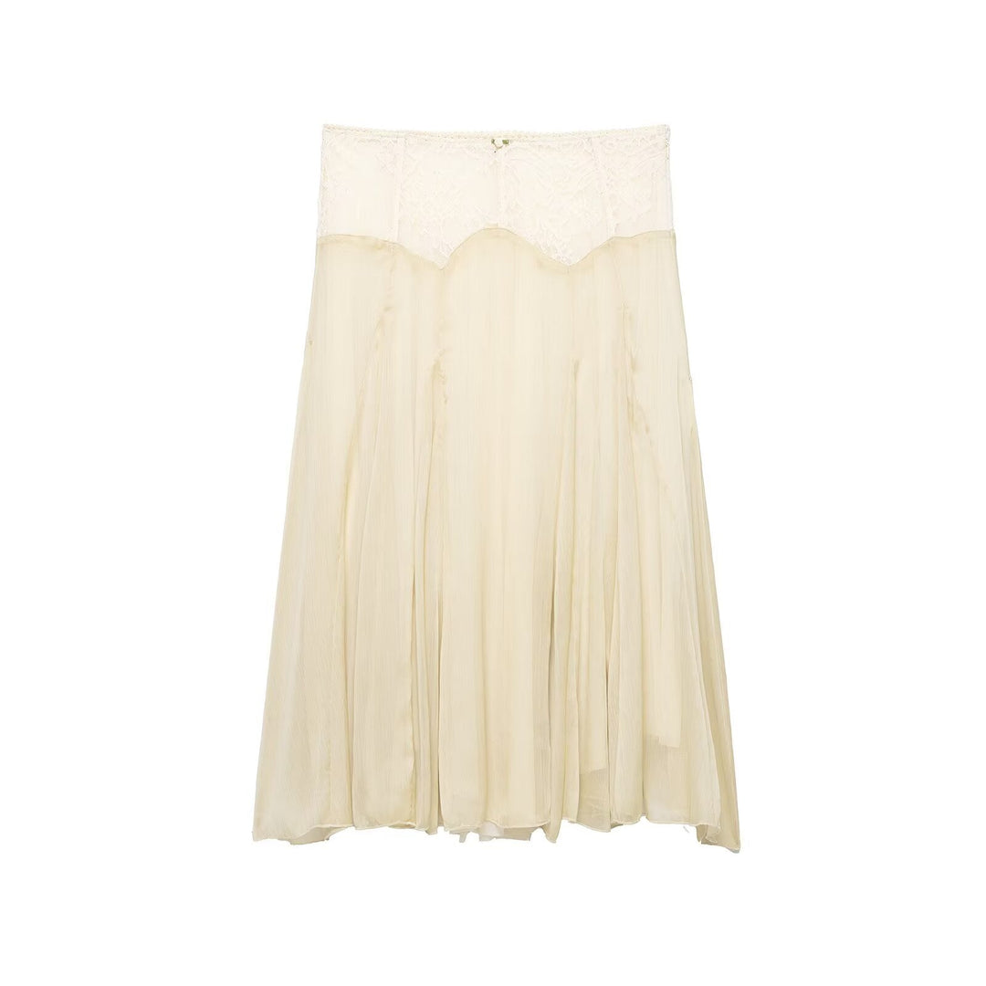Women Clothing Summer Gentle Lace Stitching Midi Skirt