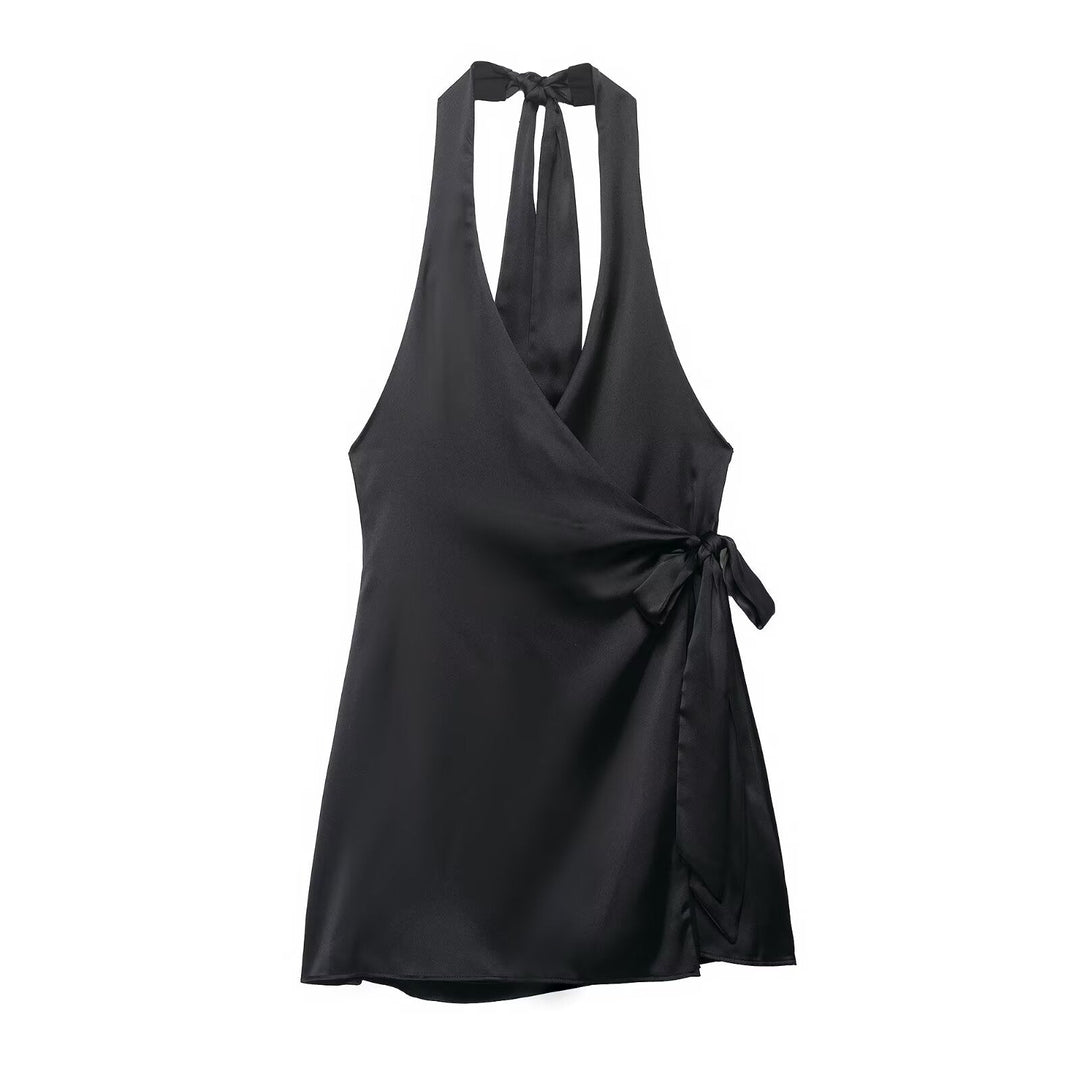 Women Clothing Women Silk Satin Texture Hanging Collar Dress