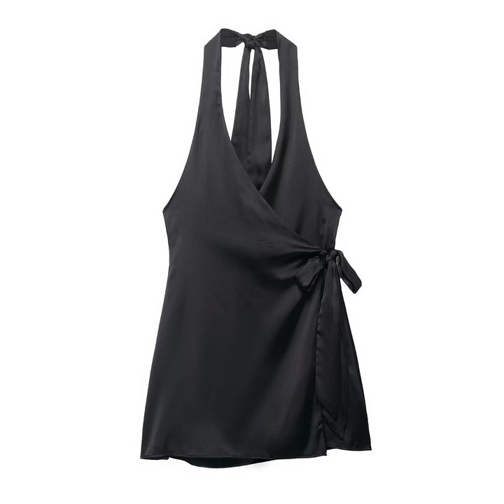 Women Clothing Women Silk Satin Texture Hanging Collar Dress