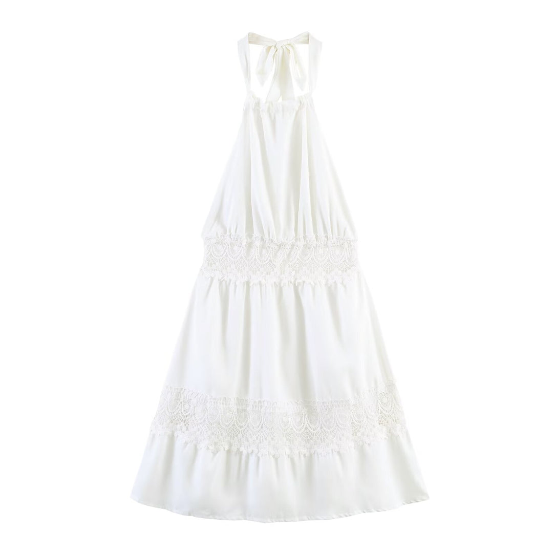 Spring Simple Thin Lace Stitched Backless Maxi Dress