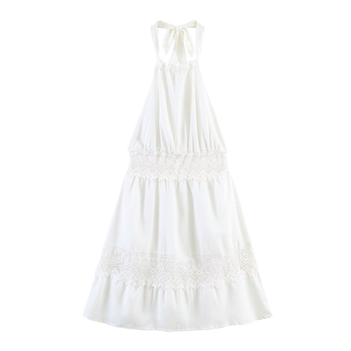 Spring Simple Thin Lace Stitched Backless Maxi Dress