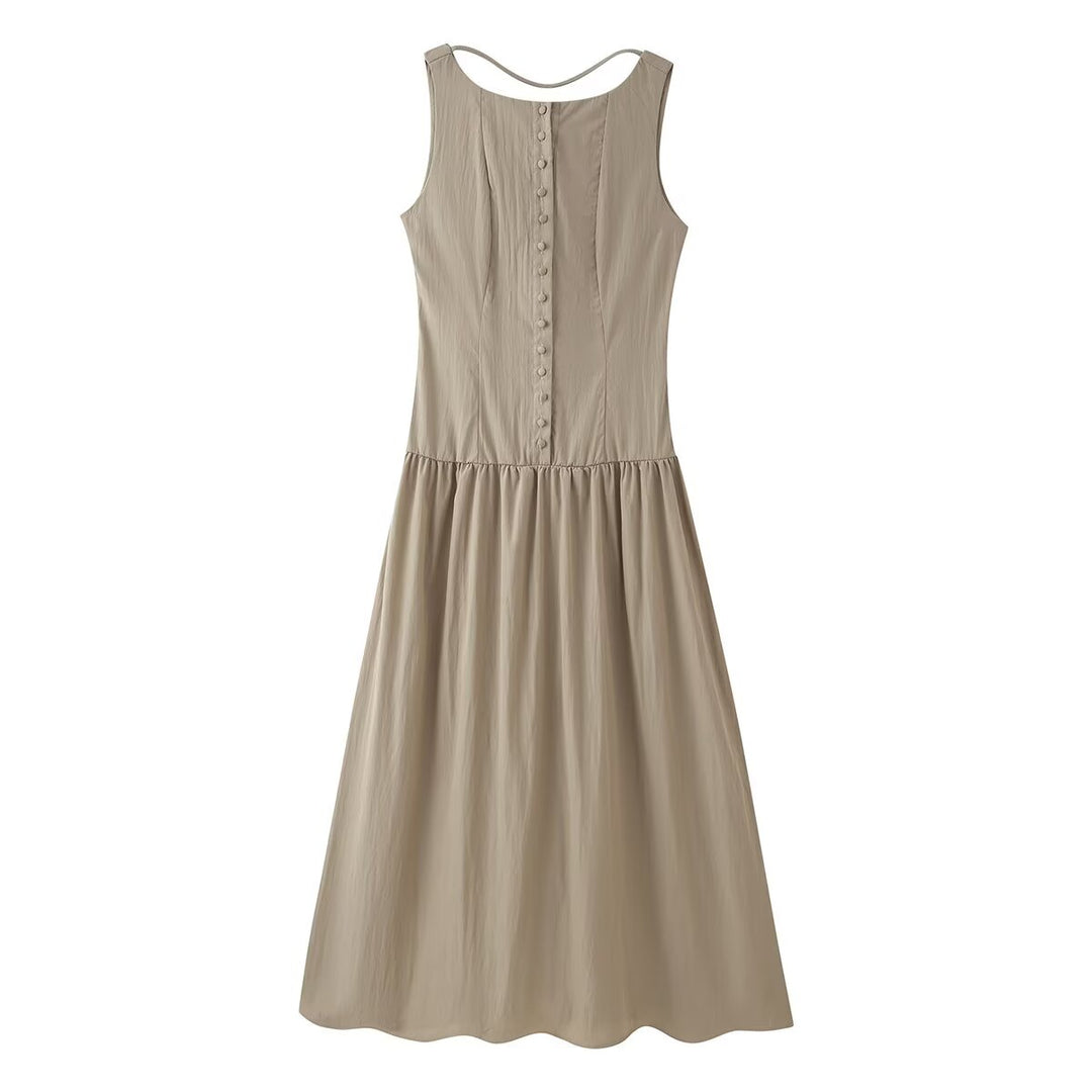 Women Summer Cinched Breasted Design Big Swing Mid Length Dress