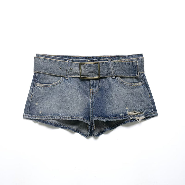 Women Clothing Summer Retro Belt Ripped Denim Shorts