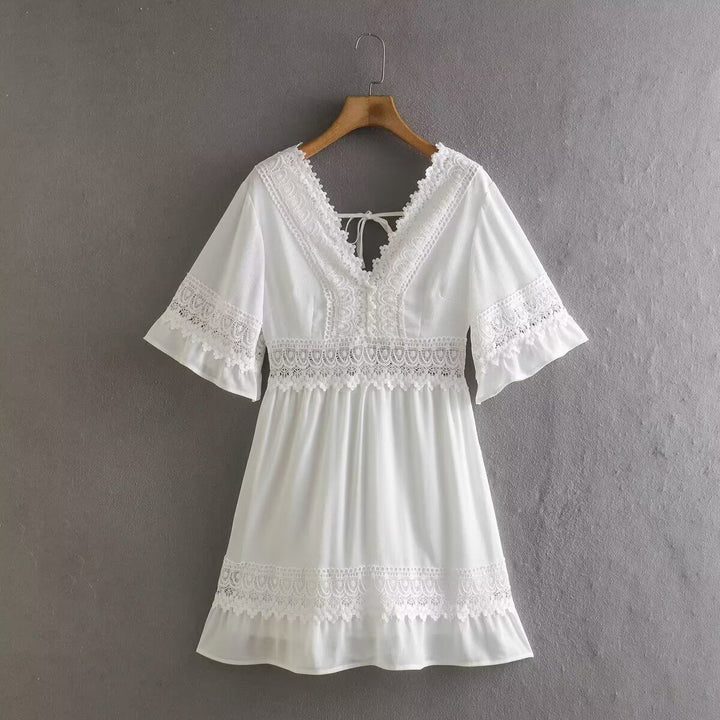 Summer Slimming Hollow Out Cutout out Stitching Bell Sleeve Short Dress