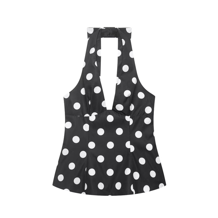 Women Clothing Summer Sexy Bowknot Decoration Polka Dot Hanging Collar Sleeveless Top