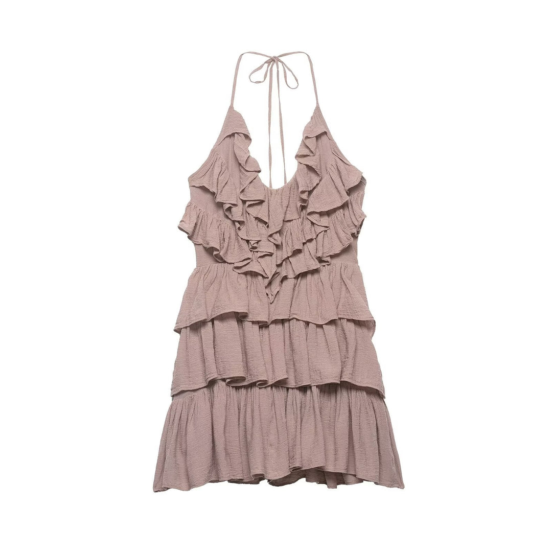 Women Clothing Summer Lace up Backless V neck Laminated Ruffled Dress