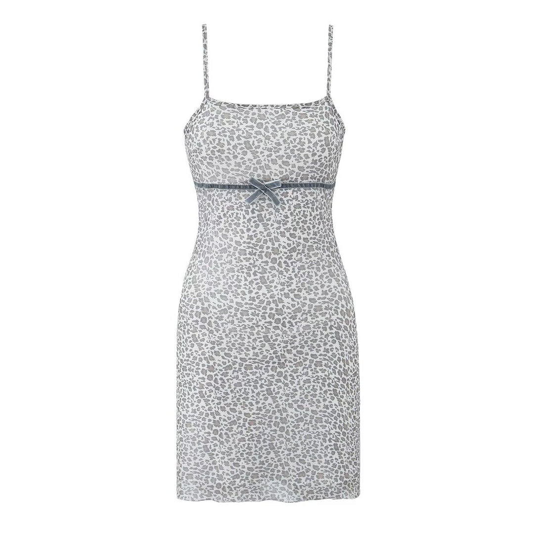 Spring Women French Leopard Bow Mesh Square Collar Suspenders Short Dress