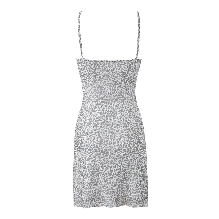 Spring Women French Leopard Bow Mesh Square Collar Suspenders Short Dress
