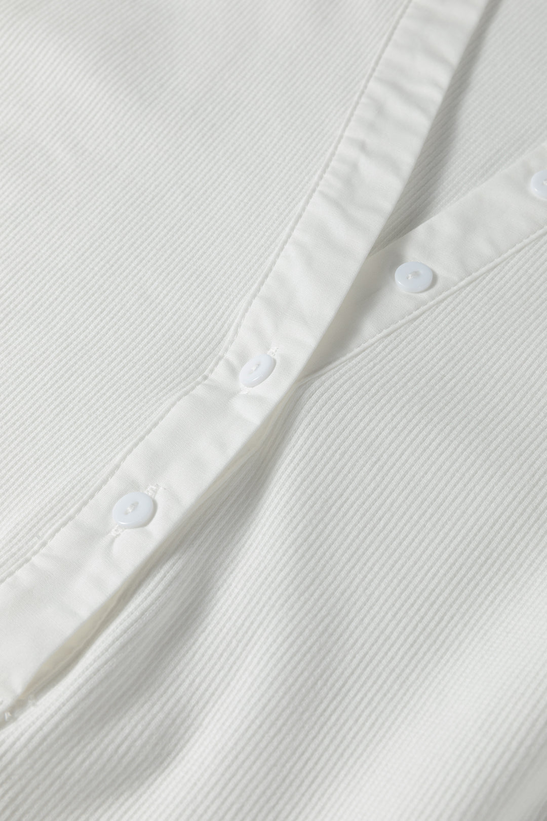 White Button Placket 3/4 Striped Sleeve Patchwork Rib Knit Top