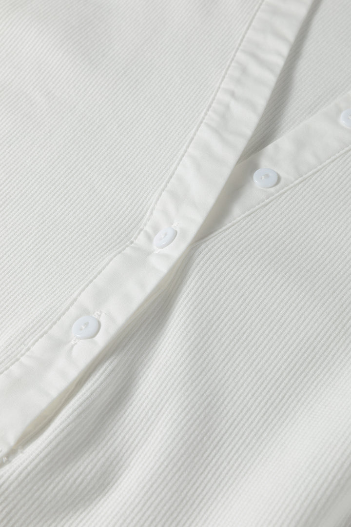 White Button Placket 3/4 Striped Sleeve Patchwork Rib Knit Top