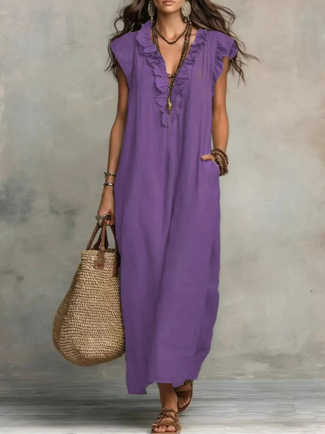 Ruffled V-Neck Maxi Dress