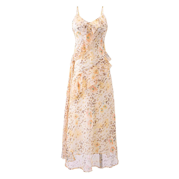 Summer Gentle Ruffled Design Niche Leopard Print Maxi Dress Slim Fit Strap Dress