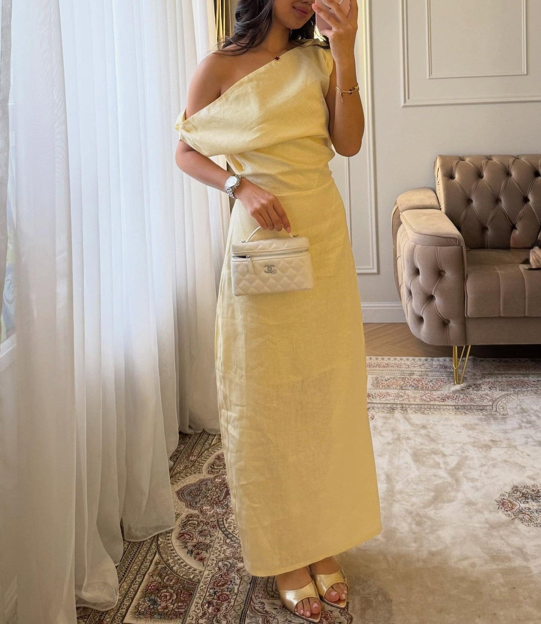 Women Slanted Shoulder One Shoulder Sleeveless Waist Cinching Long Dress