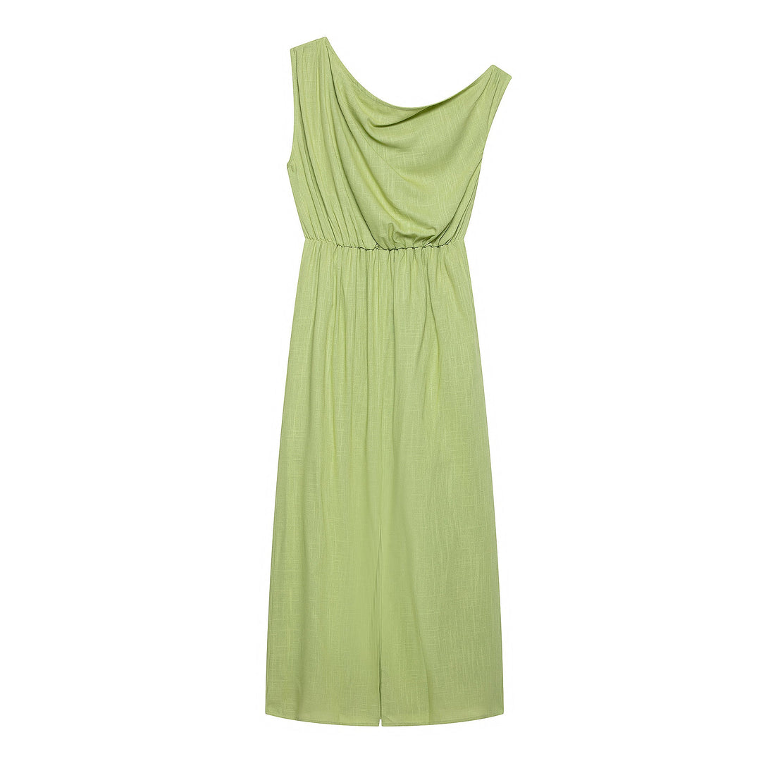 Women Slanted Shoulder One Shoulder Sleeveless Waist Cinching Long Dress