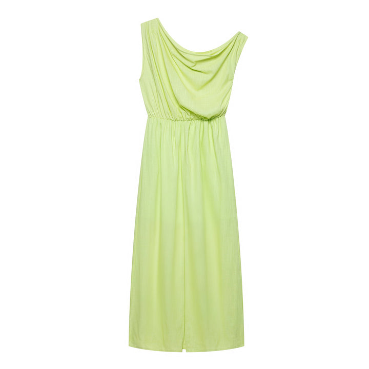 Women Slanted Shoulder One Shoulder Sleeveless Waist Cinching Long Dress