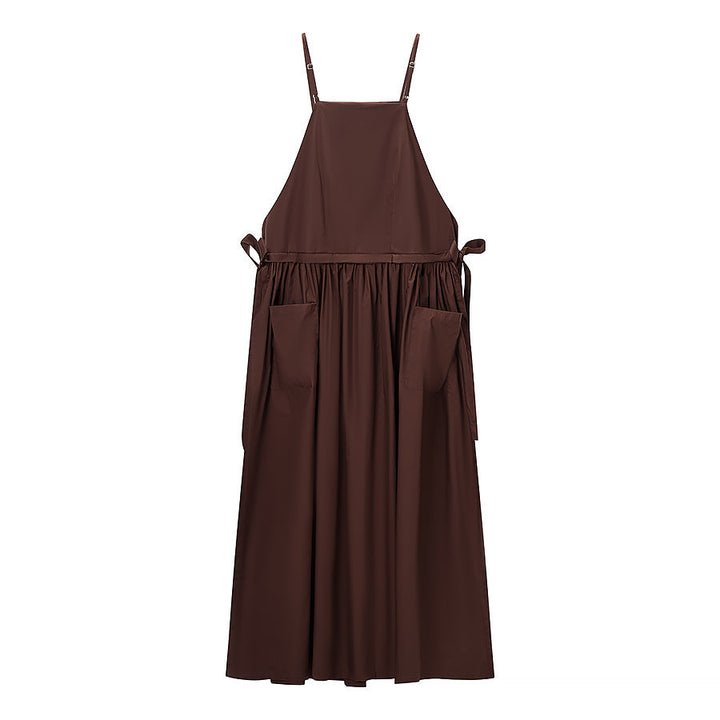 Women Tube Top Solid Color Lace up Dress Personality Cute Pocket Decoration Cami Dress