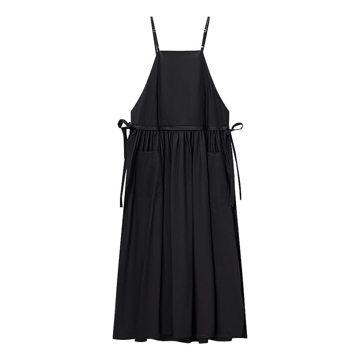 Women Tube Top Solid Color Lace up Dress Personality Cute Pocket Decoration Cami Dress