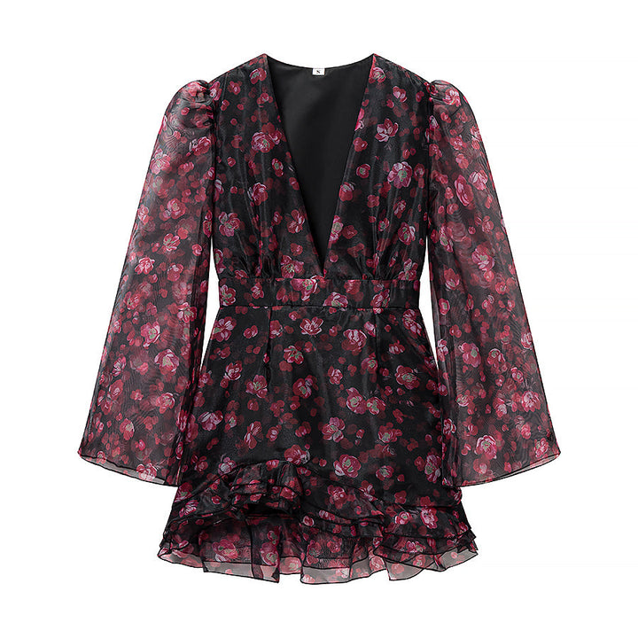 Spring Chiffon Dress Deep V Plunge neck Floral Printed Ruffles Long Sleeve Short Dress