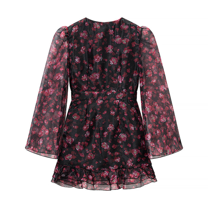 Spring Chiffon Dress Deep V Plunge neck Floral Printed Ruffles Long Sleeve Short Dress