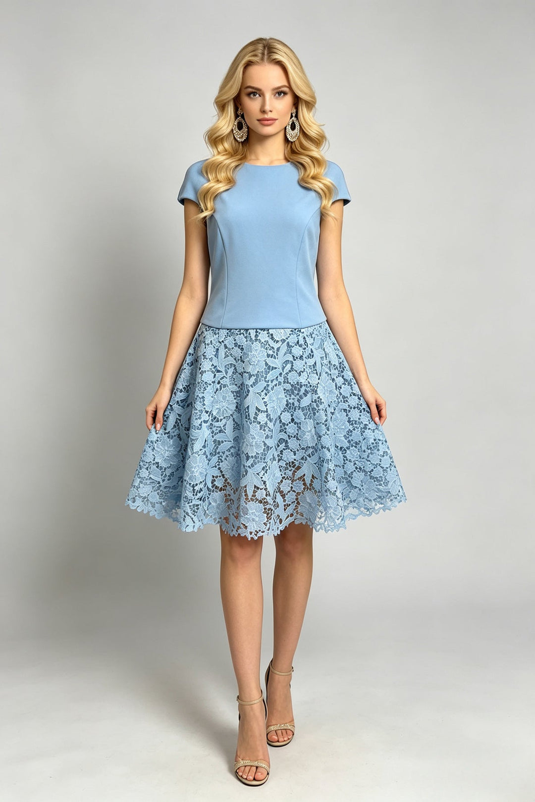 Women Summer Round Neck High Waisted Lace Embroidered Three Piece Dress With A Waistline And A Shaped Dress