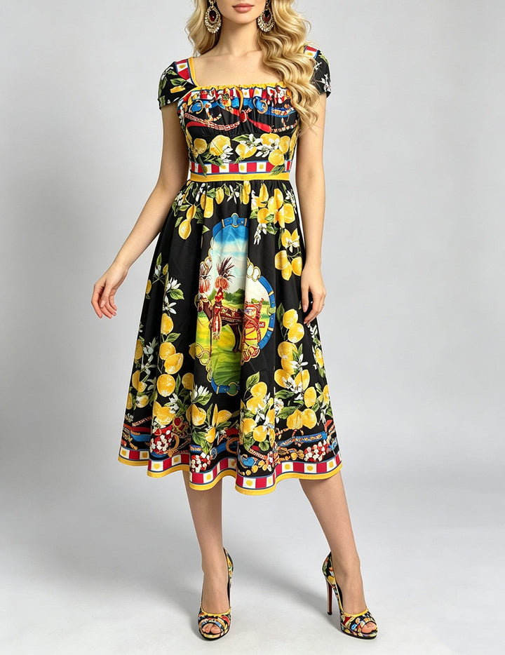 Women Oil Painted Floral High Waisted Pleated Halter Bodycon Dress With Square Neckline And Flared A Line Dress