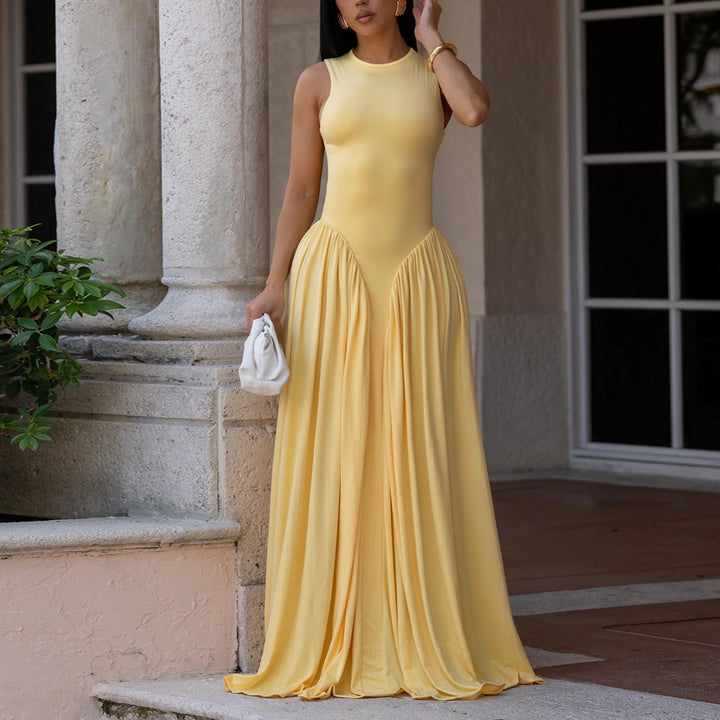 Women Wear Elegant Solid Color round Neck Sleeveless Dress
