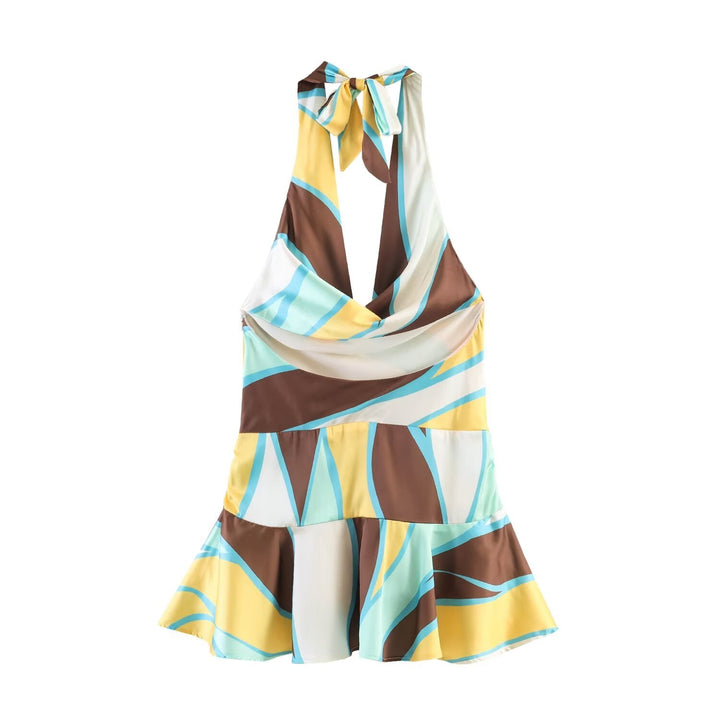Women Clothing Slim Print Pleated Hanging Collar Dress