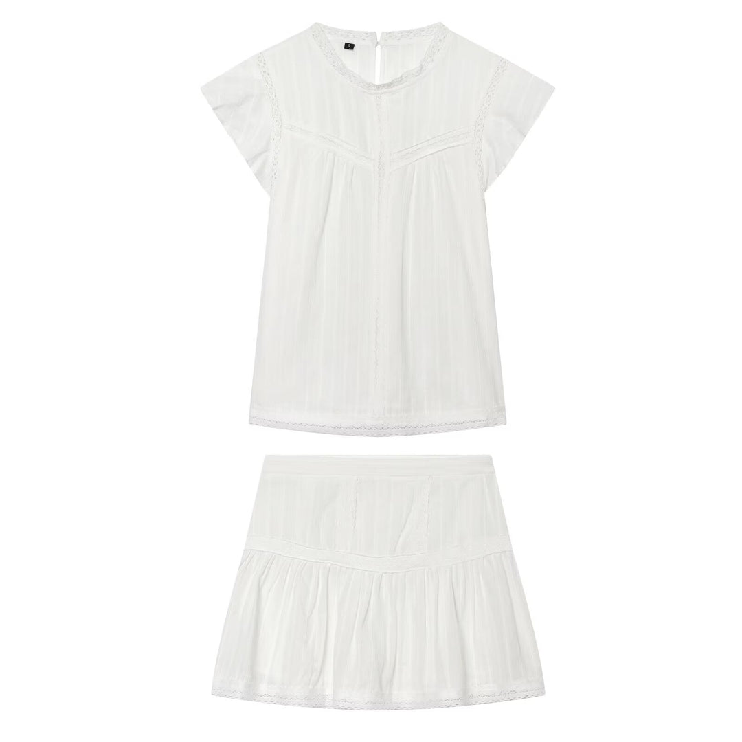 Women Clothing Sexy Romantic Vertical Lace Sleeveless Shirt Lace Skirt Two Piece Set
