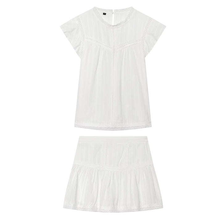 Women Clothing Sexy Romantic Vertical Lace Sleeveless Shirt Lace Skirt Two Piece Set