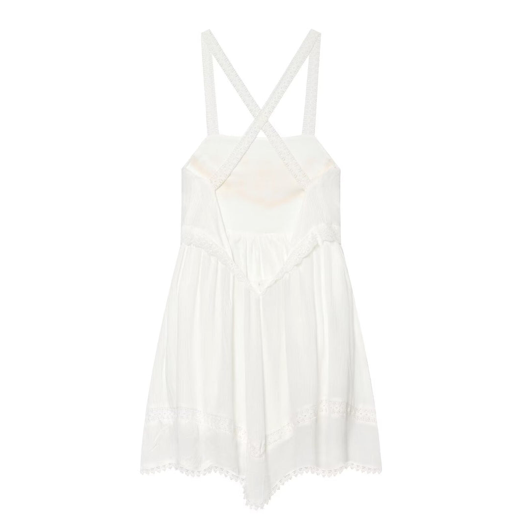 Women Clothing Summer Elegant Tulle Embroidered Mini Strap Dress