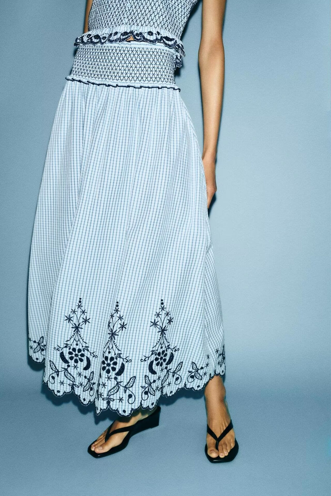 Women Clothing Summer Fashionable Lace Embroidered Plaid Midi Skirt