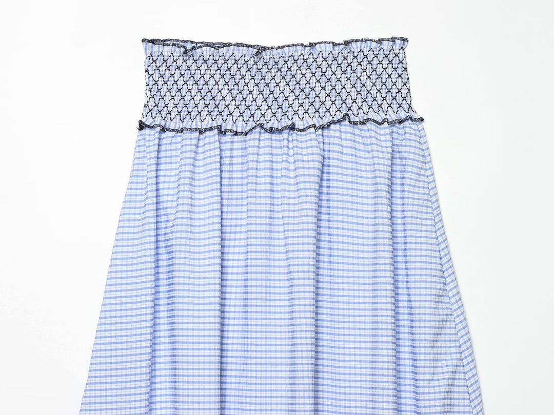 Women Clothing Summer Fashionable Lace Embroidered Plaid Midi Skirt