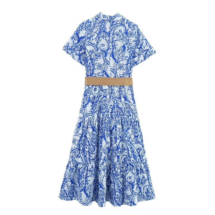 Women Clothing Summer Office with Belt Embroidery Dress