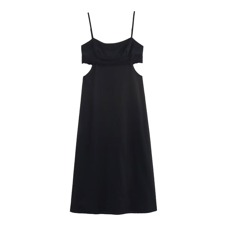 Elegant Black Slim Fit Slimming Lace Stitching Side Waist Split Sling Dress